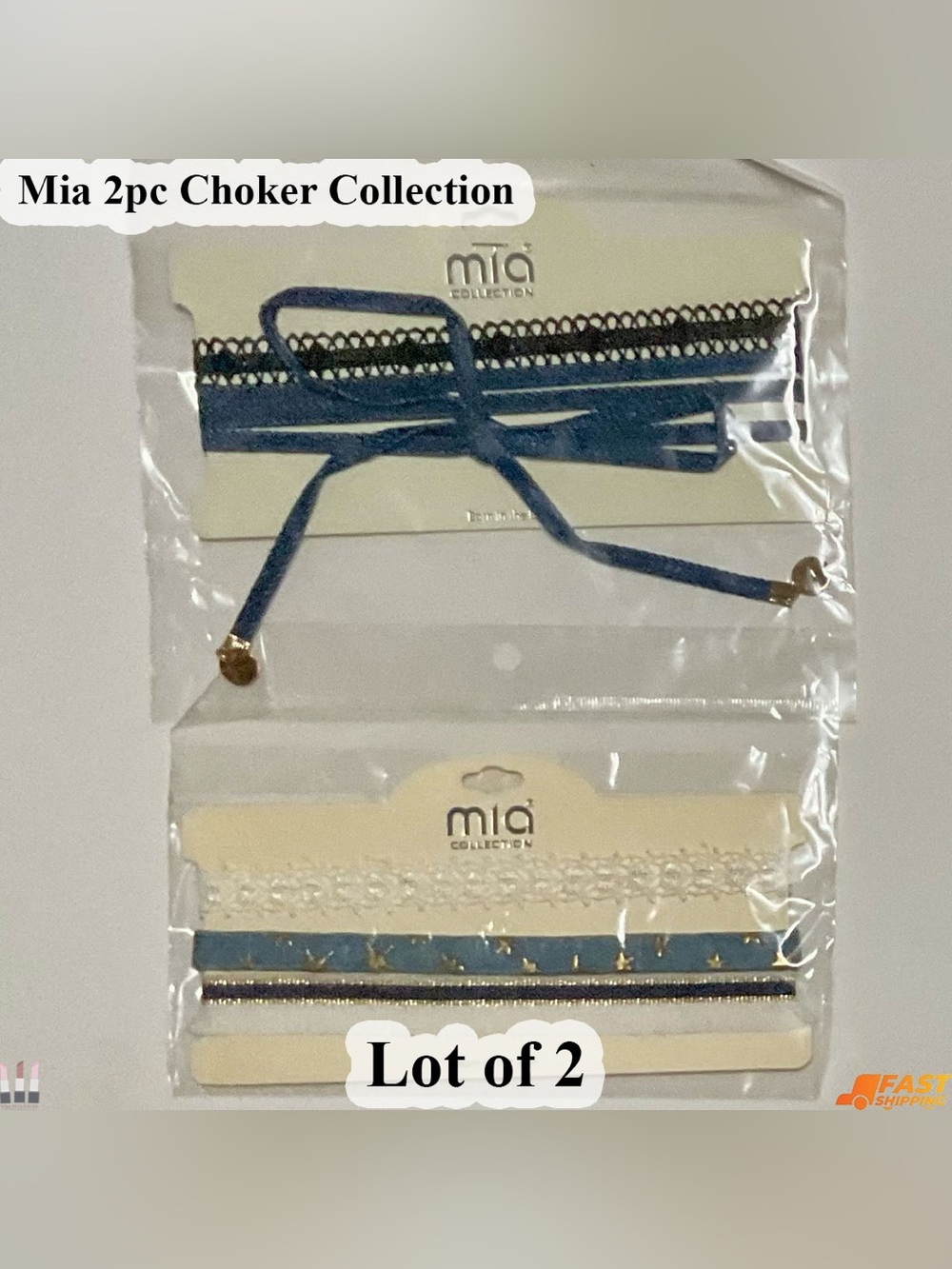 MIA Blue Lace & Velvet Two-Piece Choker Set with Gold Accents